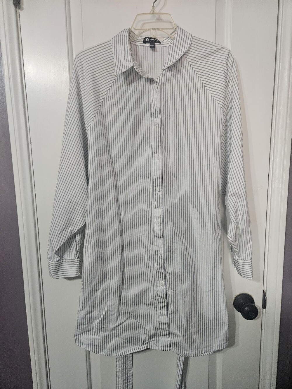Express Women's White Shirt Dress with Thin Blue Stripes